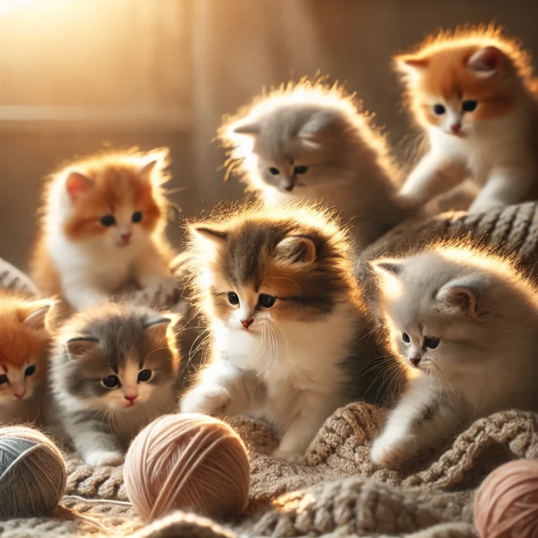 DALL·E 2025-02-20 18.58.27 - A group of adorable fluffy kittens playing together in a cozy, sunlit room. The kittens have different fur colors, including orange, gray, and white.